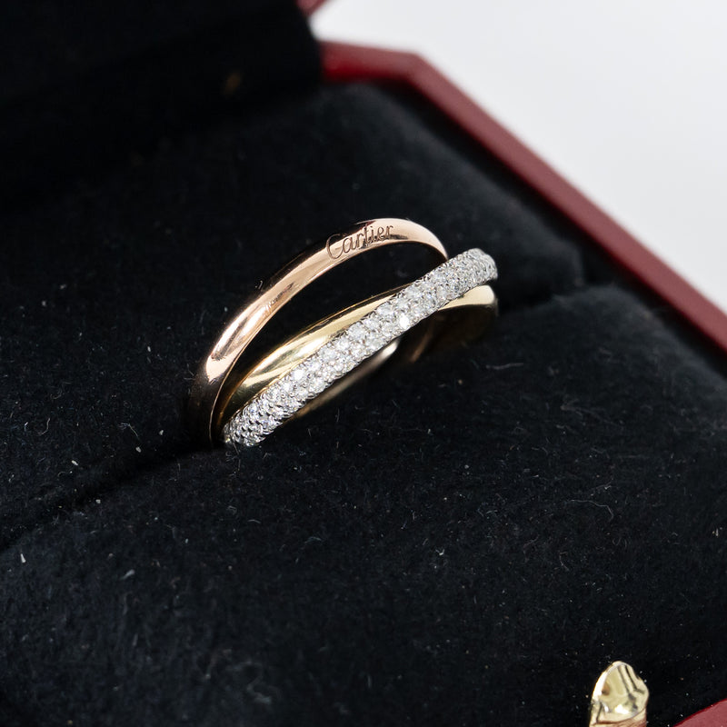 Cartier 18k Tri-Gold Paved Trinity Ring with Diamonds Size 57
