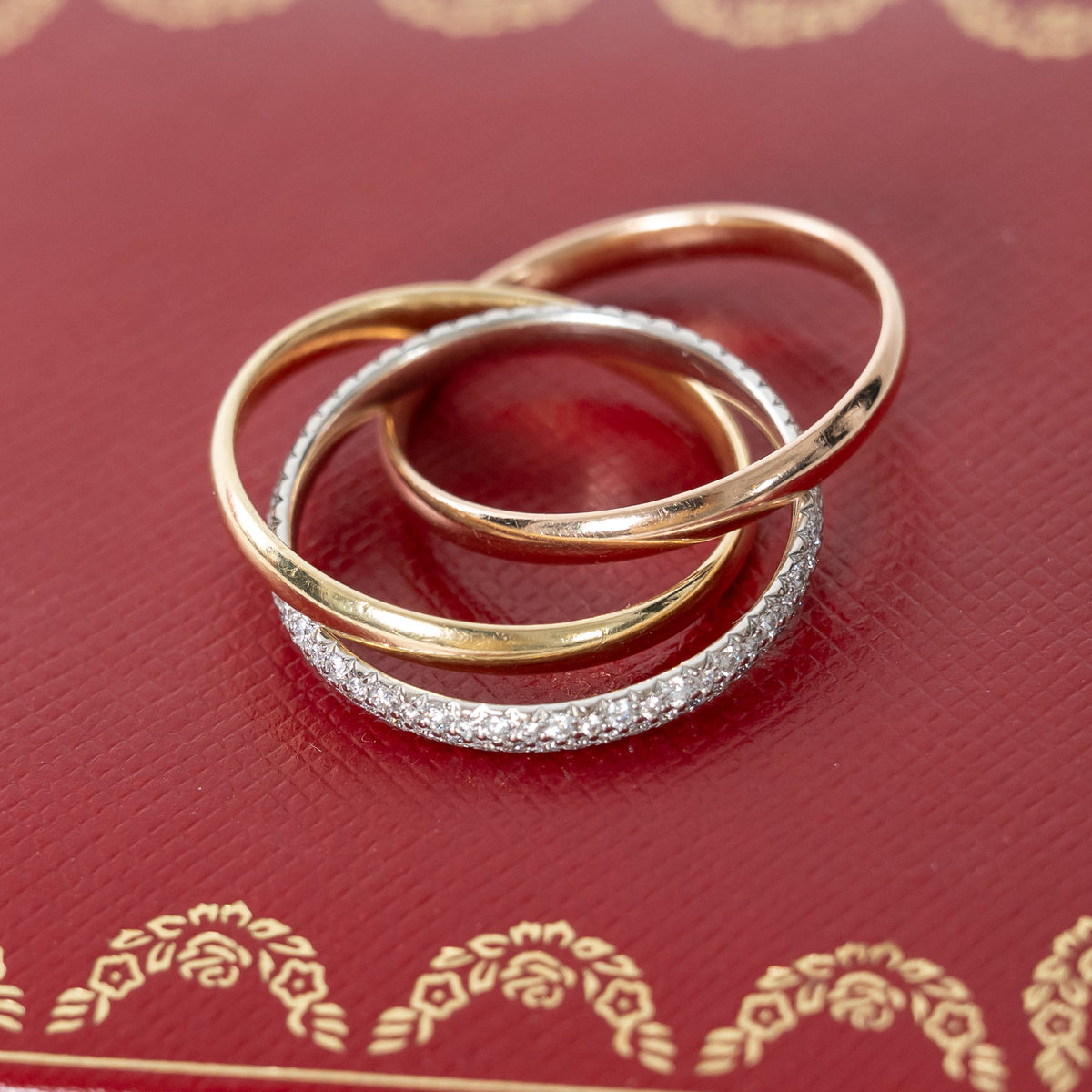 Cartier 18k Tri-Gold Paved Trinity Ring with Diamonds Size 57