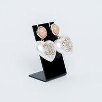 Pre-Loved Chanel™ Gold Tone Pearl White & Pink Crystal Resin Heart Drop Earrings
