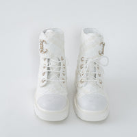 Pre-Loved Chanel™ White Tweed Brave Combat Boots Size 37.5C