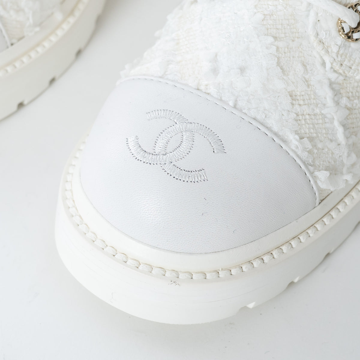 Pre-Loved Chanel™ White Tweed Brave Combat Boots Size 37.5C