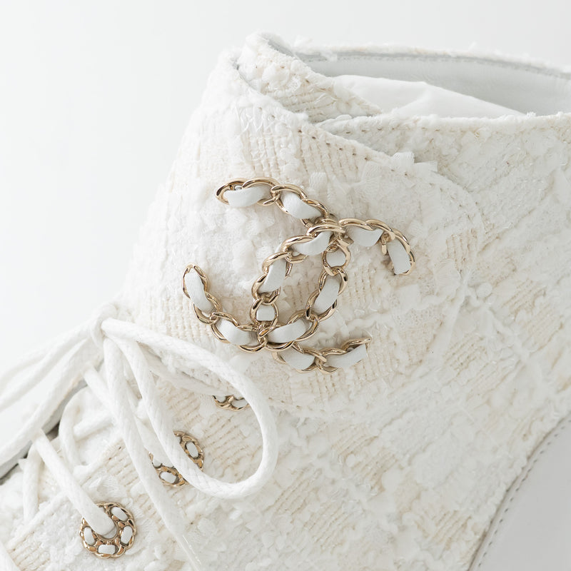 Pre-Loved Chanel™ White Tweed Brave Combat Boots Size 37.5C