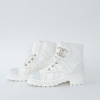 Pre-Loved Chanel™ White Tweed Brave Combat Boots Size 37.5C