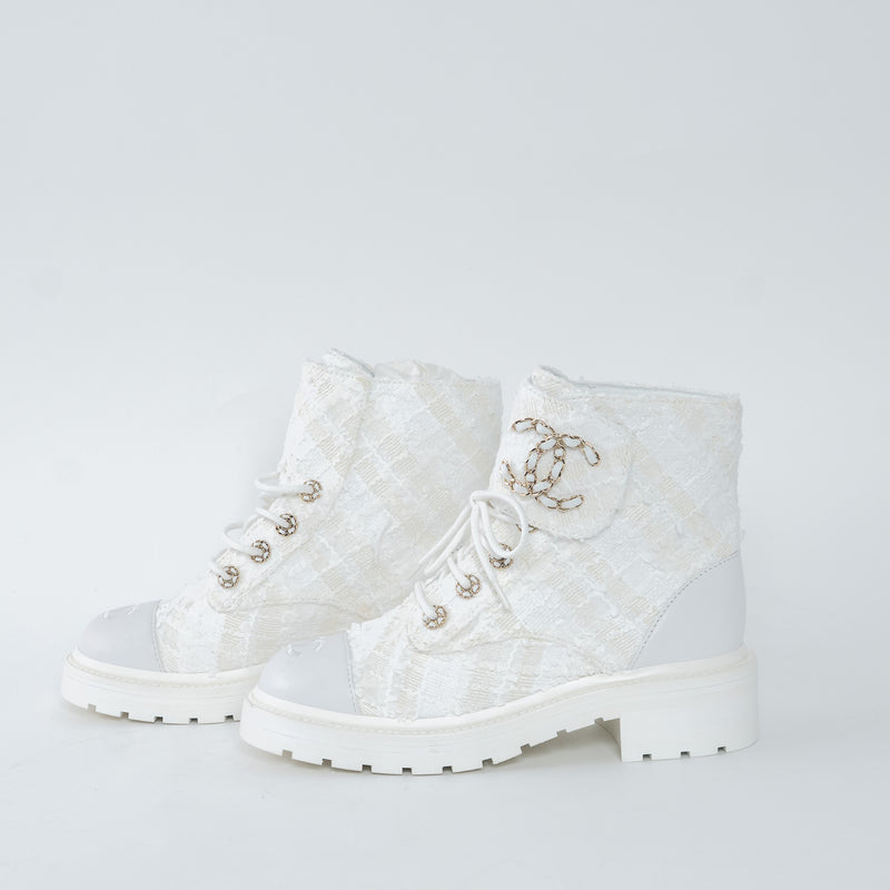Pre-Loved Chanel™ White Tweed Brave Combat Boots Size 37.5C