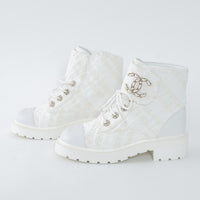 Pre-Loved Chanel™ White Tweed Brave Combat Boots Size 37.5C