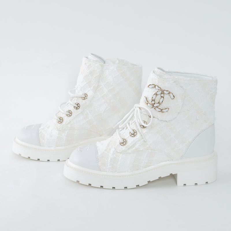 Pre-Loved Chanel™ White Tweed Brave Combat Boots Size 37.5C