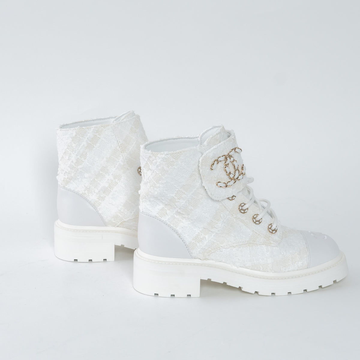 Pre-Loved Chanel™ White Tweed Brave Combat Boots Size 37.5C