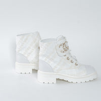 Pre-Loved Chanel™ White Tweed Brave Combat Boots Size 37.5C