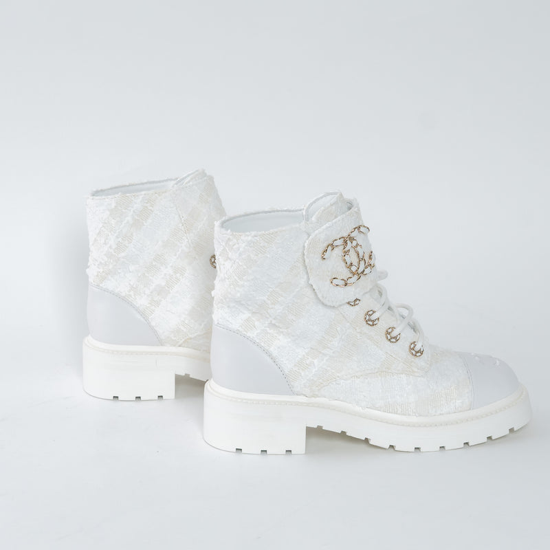 Pre-Loved Chanel™ White Tweed Brave Combat Boots Size 37.5C