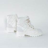 Pre-Loved Chanel™ White Tweed Brave Combat Boots Size 37.5C