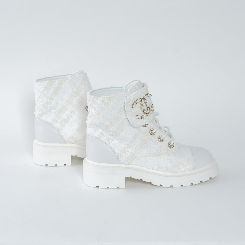 Pre-Loved Chanel™ White Tweed Brave Combat Boots Size 37.5C