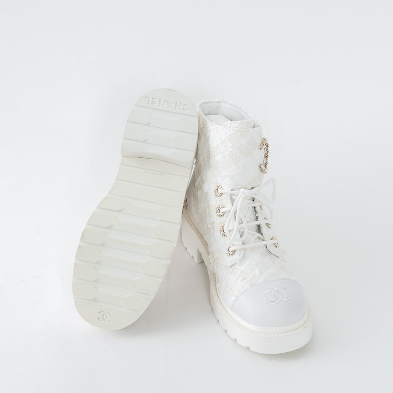 Pre-Loved Chanel™ White Tweed Brave Combat Boots Size 37.5C