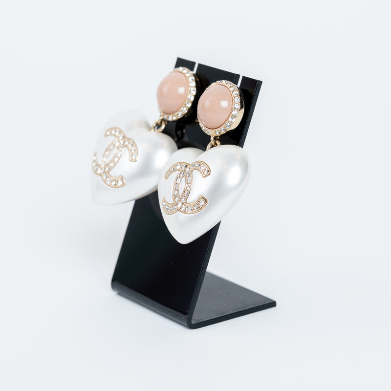 Pre-Loved Chanel™ Gold Tone Pearl White & Pink Crystal Resin Heart Drop Earrings