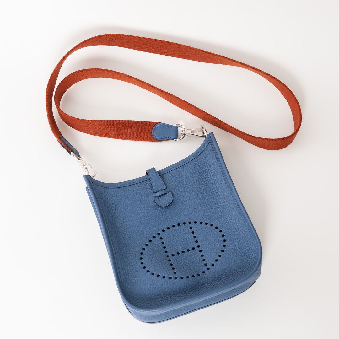 Hermes Blue Tie Clemence Leather Mini Evelyne 16