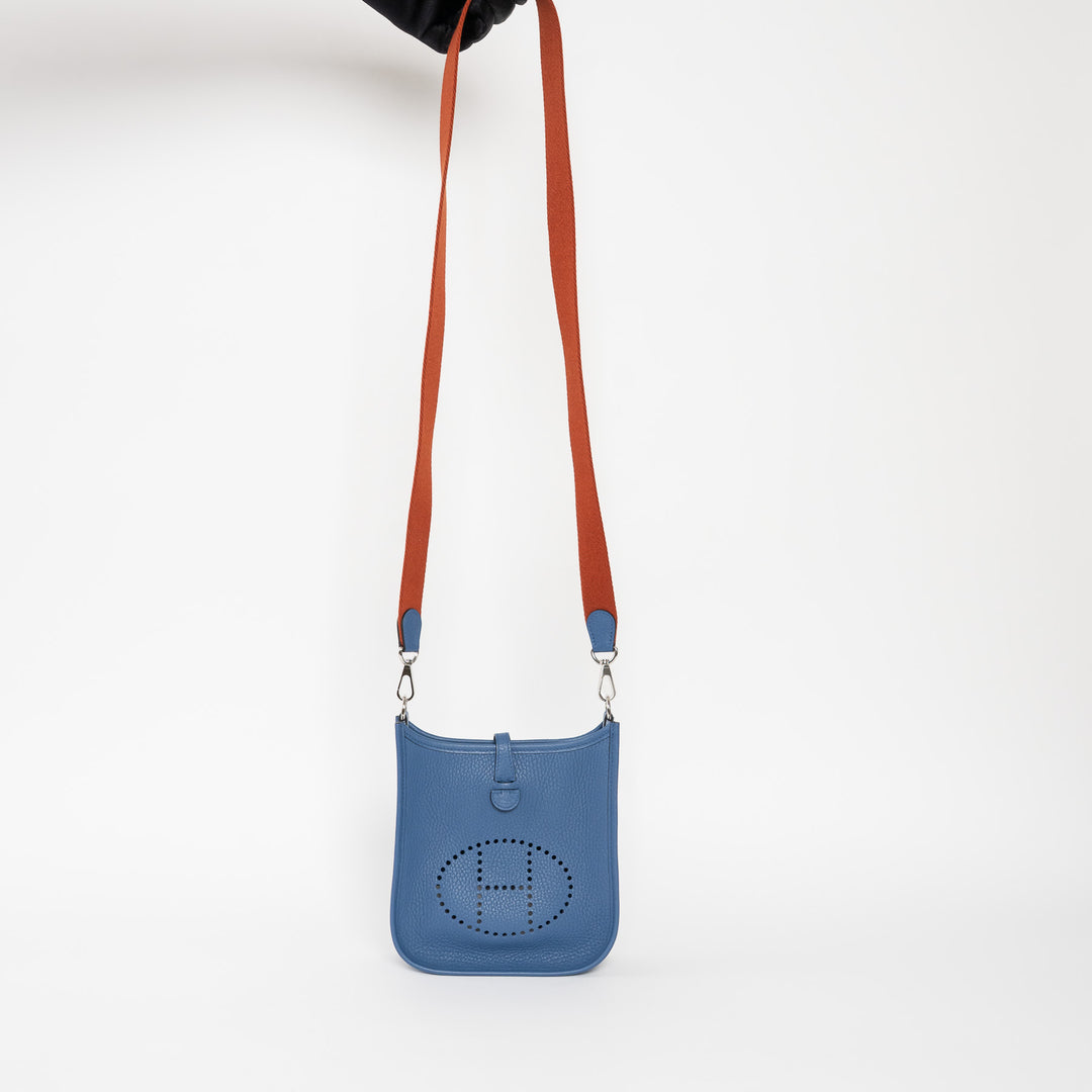 Hermes Blue Tie Clemence Leather Mini Evelyne 16
