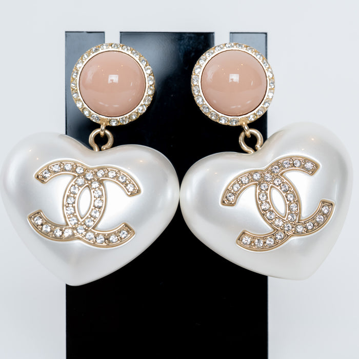 Pre-Loved Chanel™ Gold Tone Pearl White & Pink Crystal Resin Heart Drop Earrings