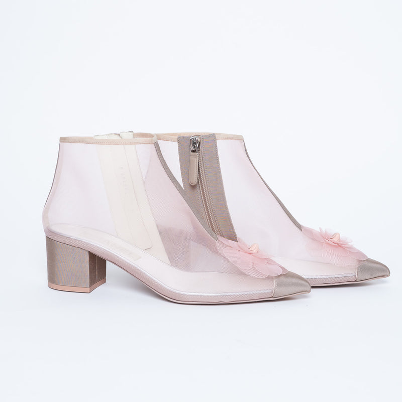 Pre-Loved Chanel™ Blush Pink Mesh Booties with Camellia Detail Size 38