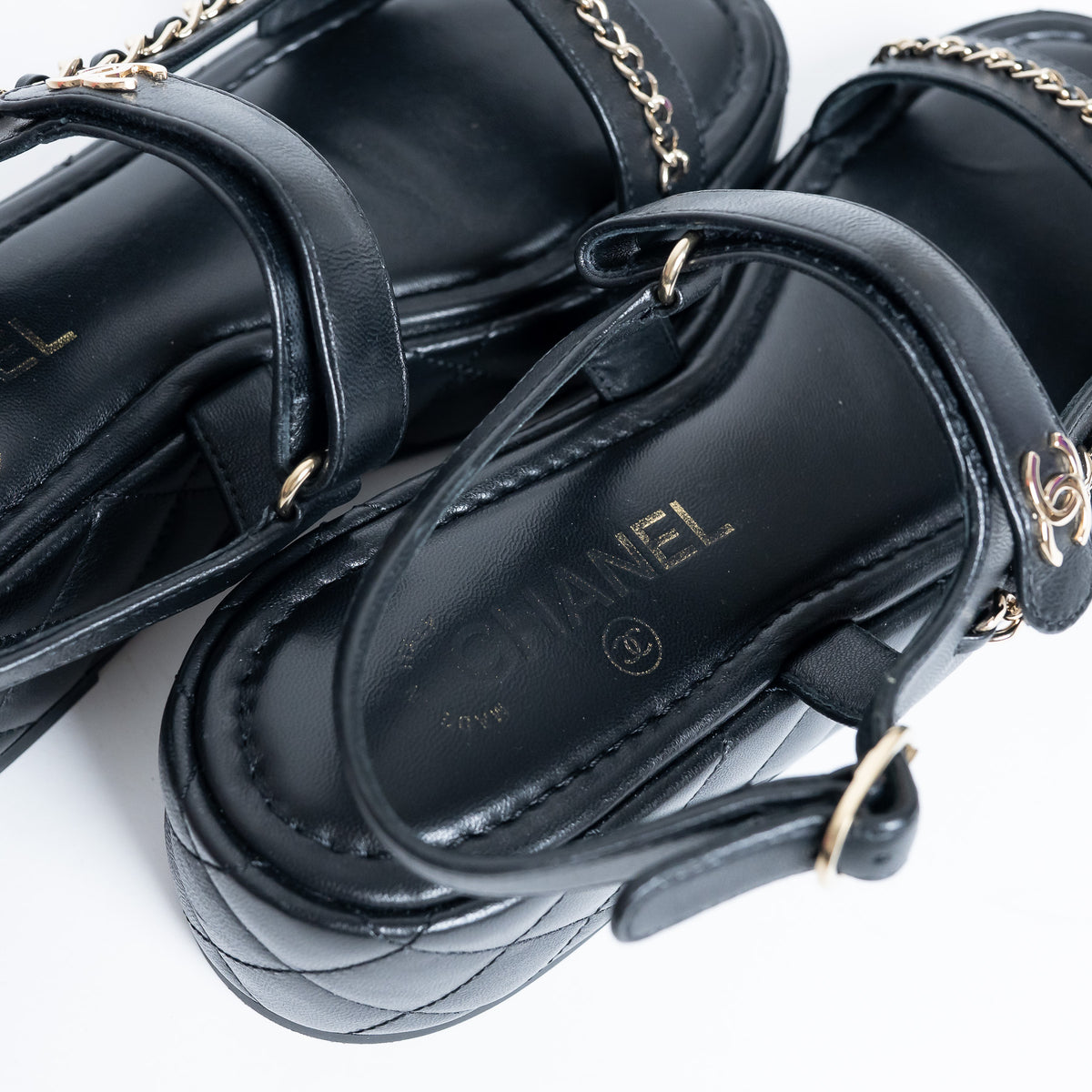 Pre-Loved Chanel™ Quilted Leather Platform Sandals with Chain Details Size 39.5