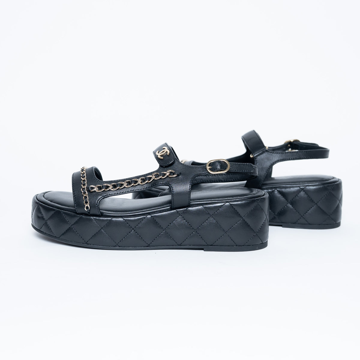Pre-Loved Chanel™ Quilted Leather Platform Sandals with Chain Details Size 39.5