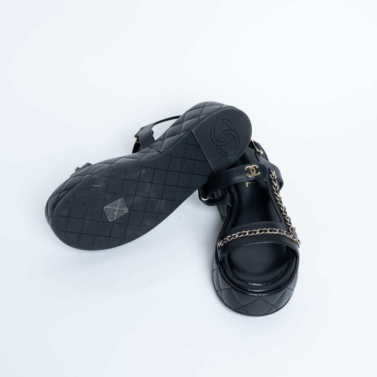 Pre-Loved Chanel™ Quilted Leather Platform Sandals with Chain Details Size 39.5