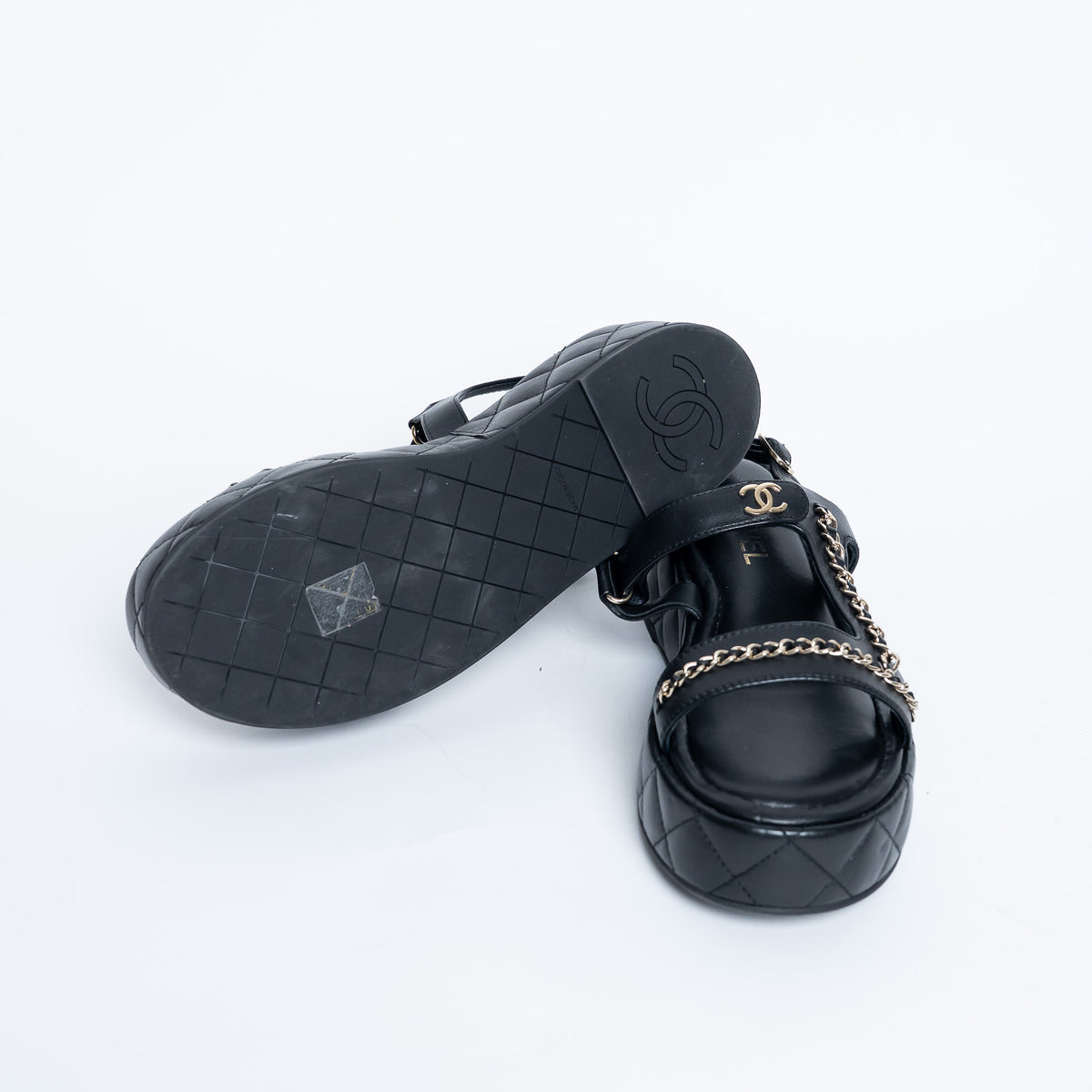Pre-Loved Chanel™ Quilted Leather Platform Sandals with Chain Details Size 39.5