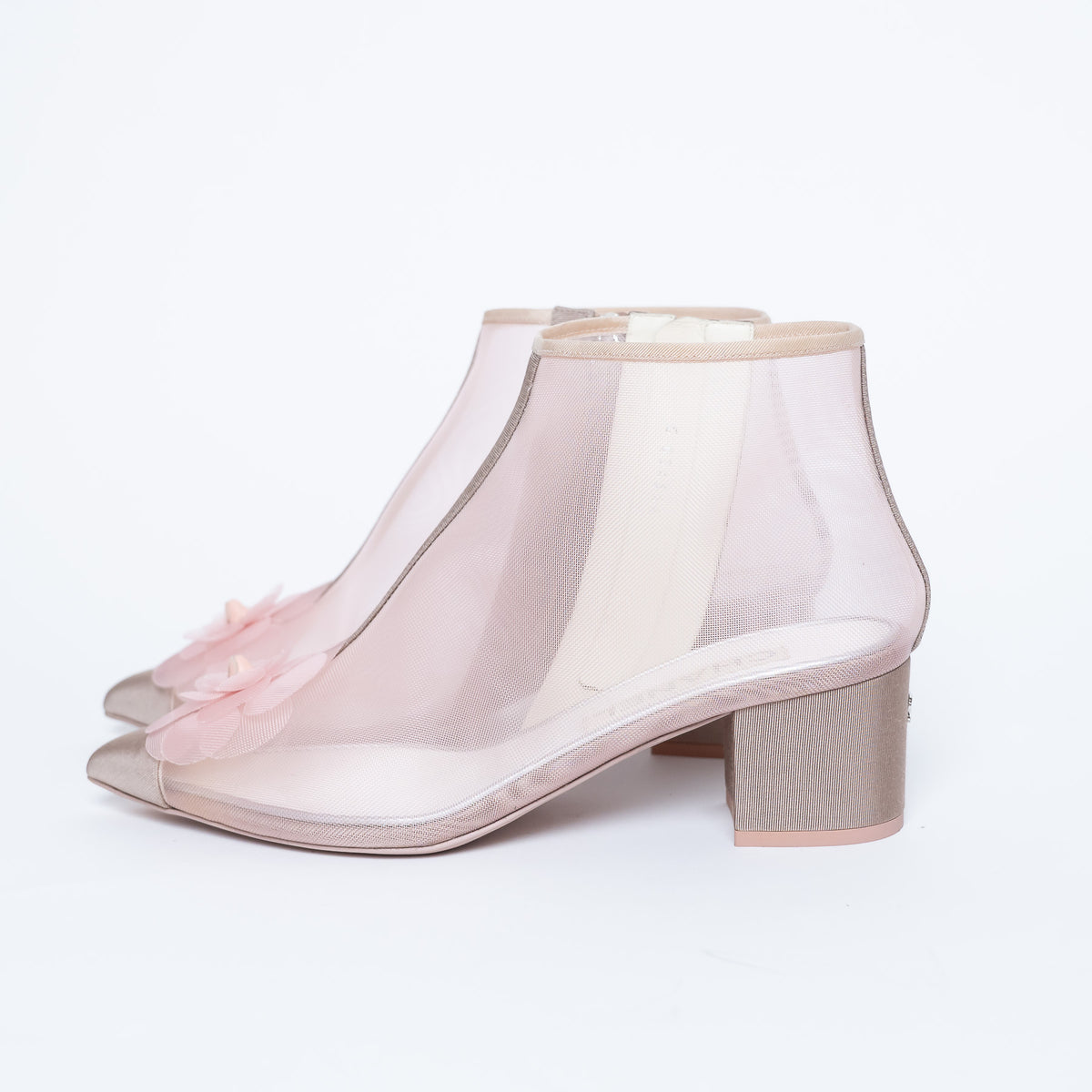 Pre-Loved Chanel™ Blush Pink Mesh Booties with Camellia Detail Size 38
