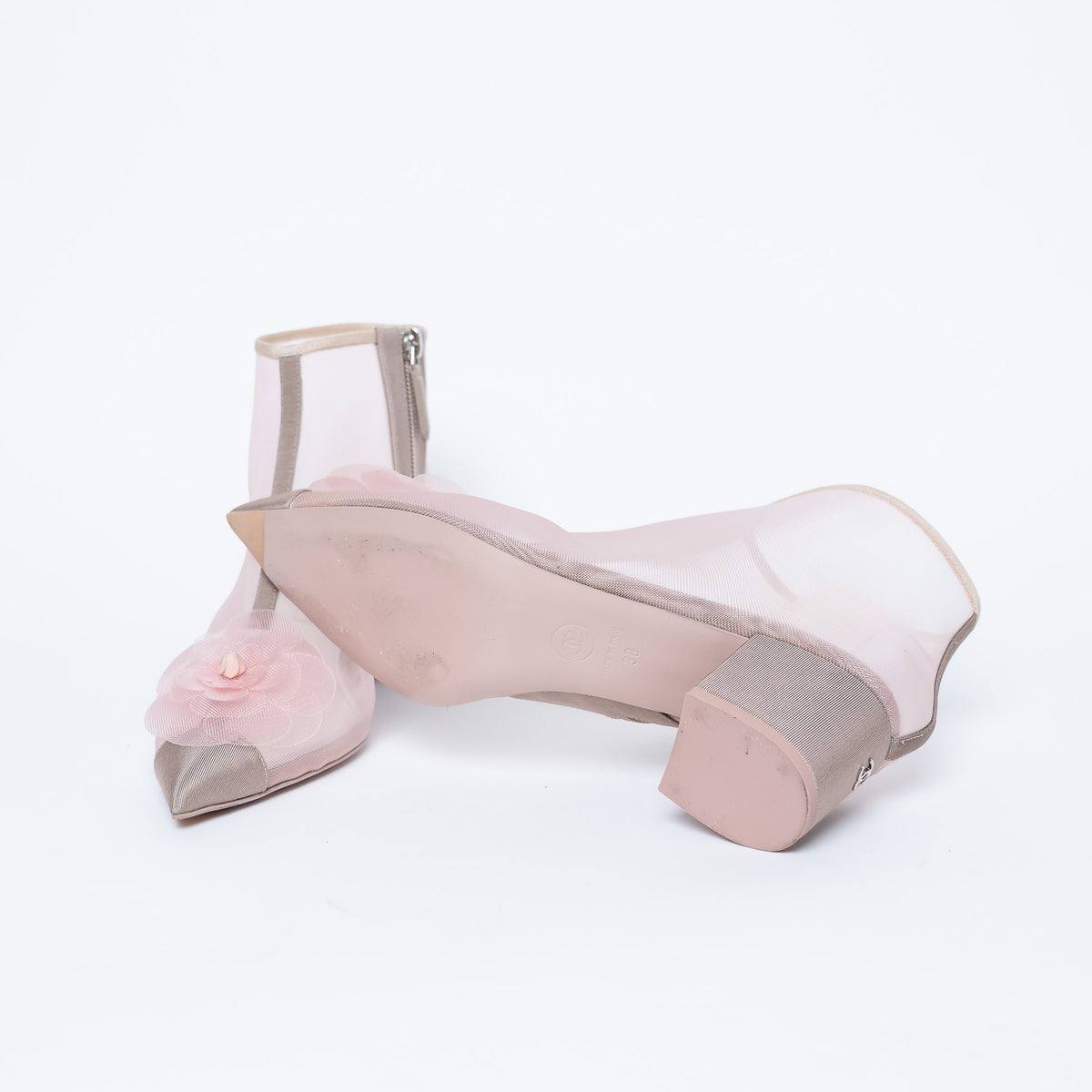 Pre-Loved Chanel™ Blush Pink Mesh Booties with Camellia Detail Size 38