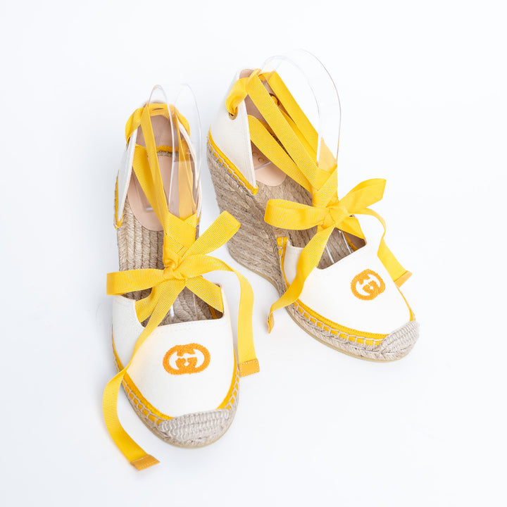 Gucci Yellow and White Canvas Espadrille Wedges with Ties Size 38