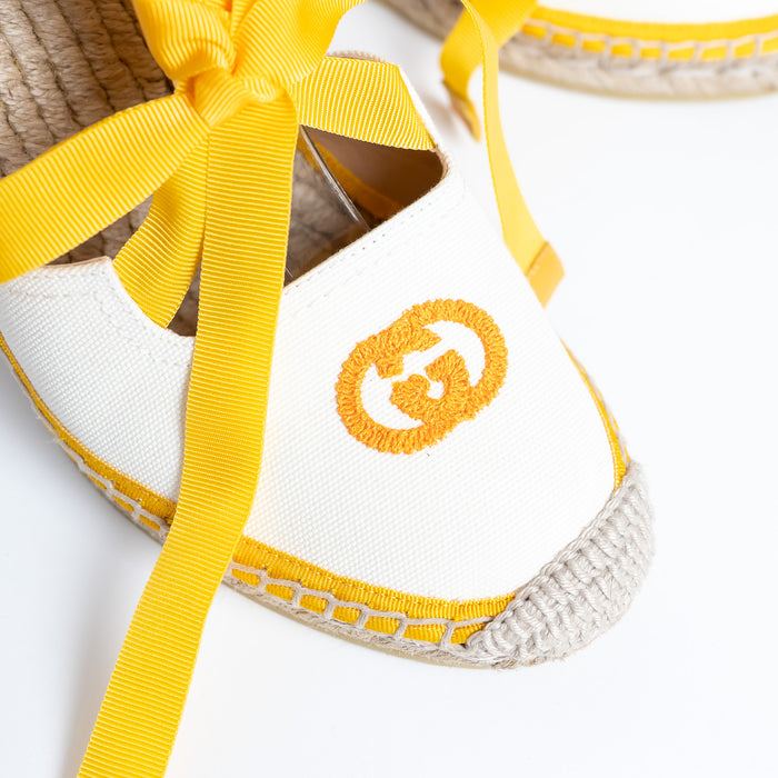 Gucci Yellow and White Canvas Espadrille Wedges with Ties Size 38