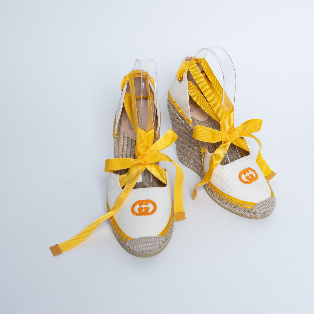 Gucci Yellow and White Canvas Espadrille Wedges with Ties Size 38
