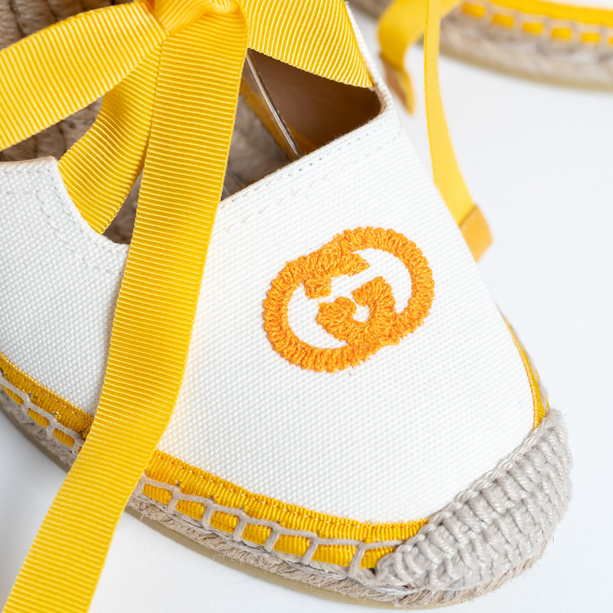 Gucci Yellow and White Canvas Espadrille Wedges with Ties Size 38