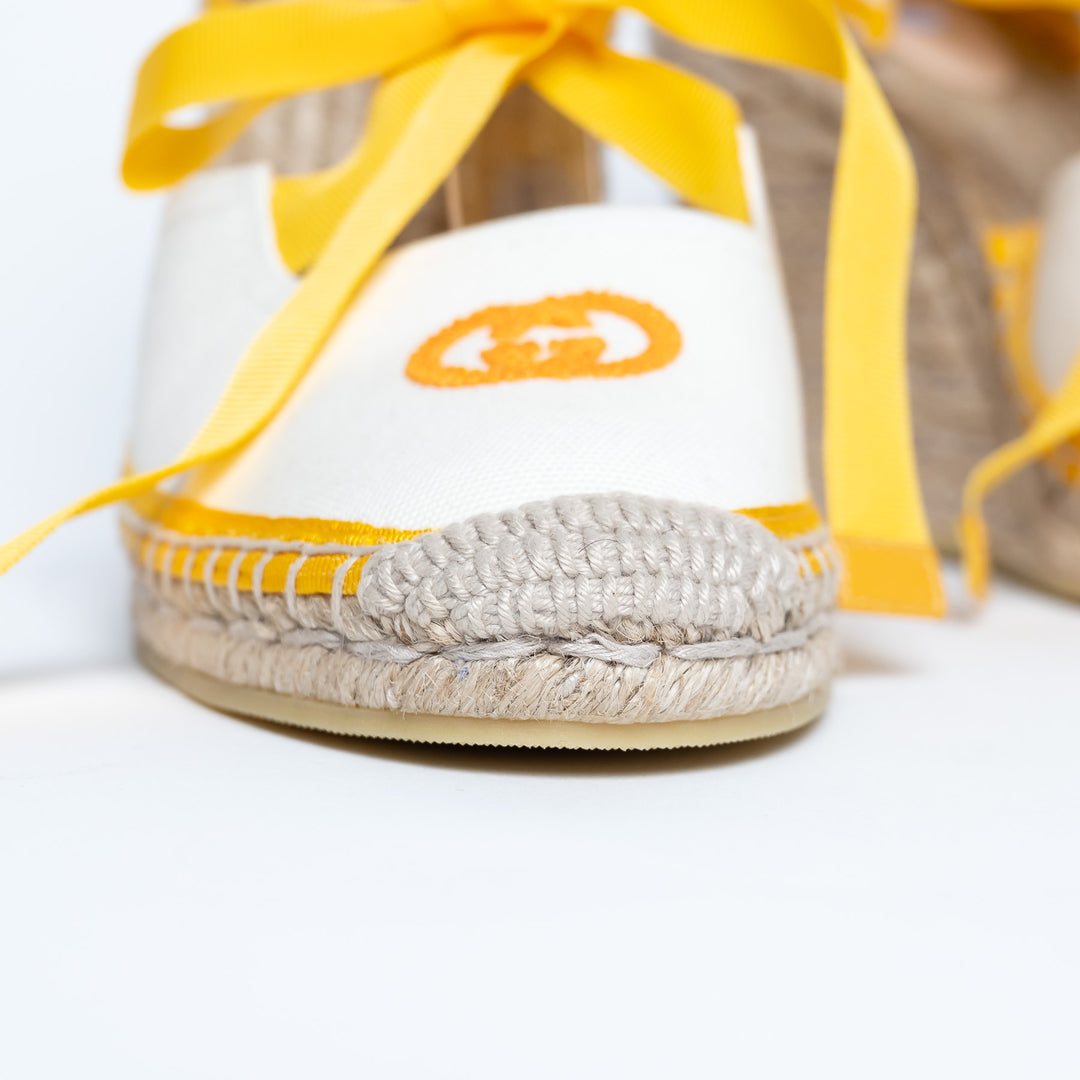 Gucci Yellow and White Canvas Espadrille Wedges with Ties Size 38