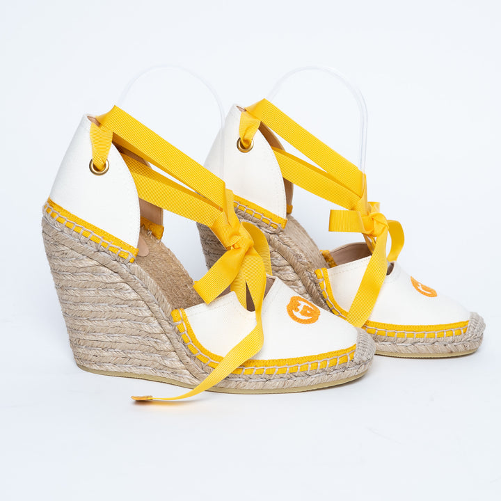 Gucci Yellow and White Canvas Espadrille Wedges with Ties Size 38