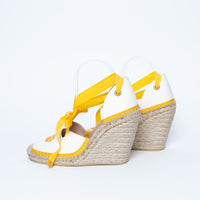 Gucci Yellow and White Canvas Espadrille Wedges with Ties Size 38