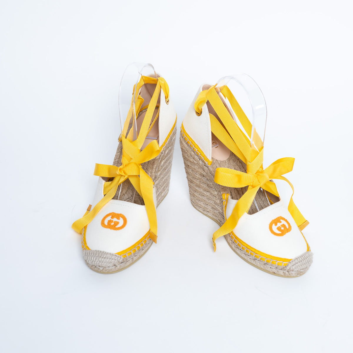 Gucci Yellow and White Canvas Espadrille Wedges with Ties Size 38