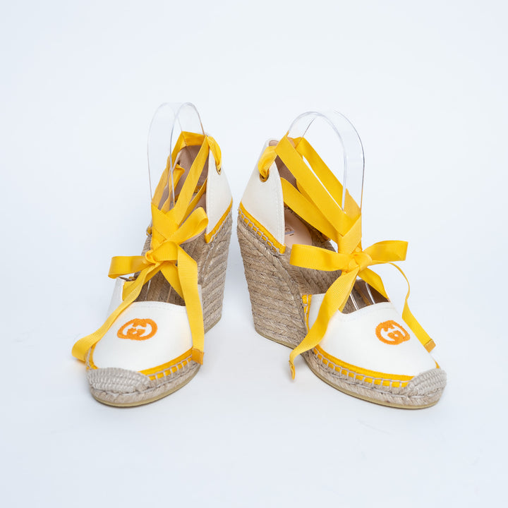 Gucci Yellow and White Canvas Espadrille Wedges with Ties Size 38