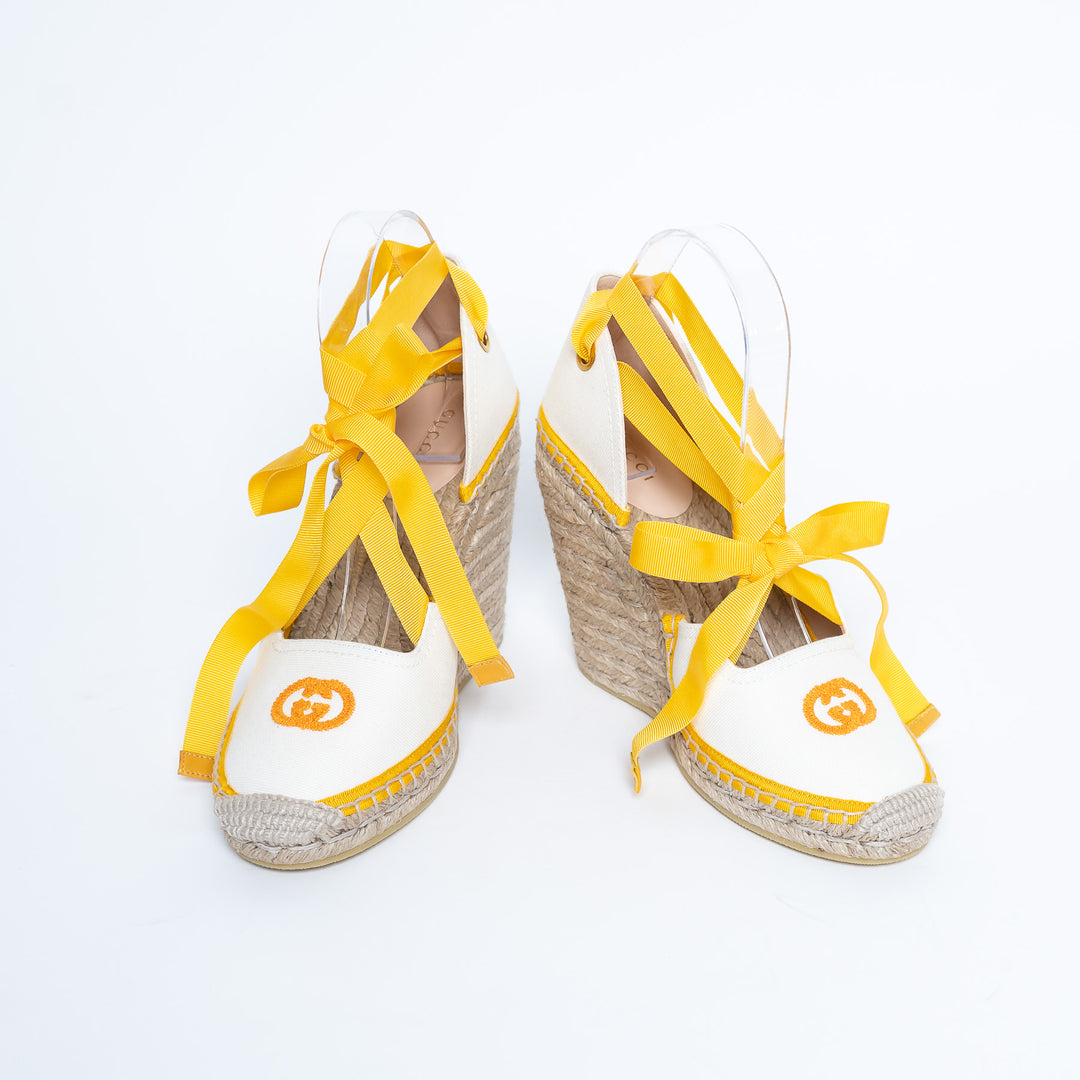 Gucci Yellow and White Canvas Espadrille Wedges with Ties Size 38
