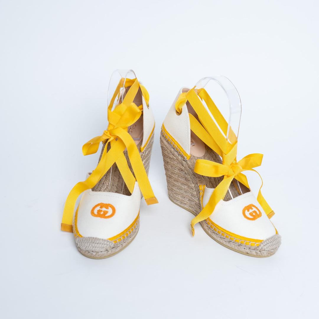 Gucci Yellow and White Canvas Espadrille Wedges with Ties Size 38