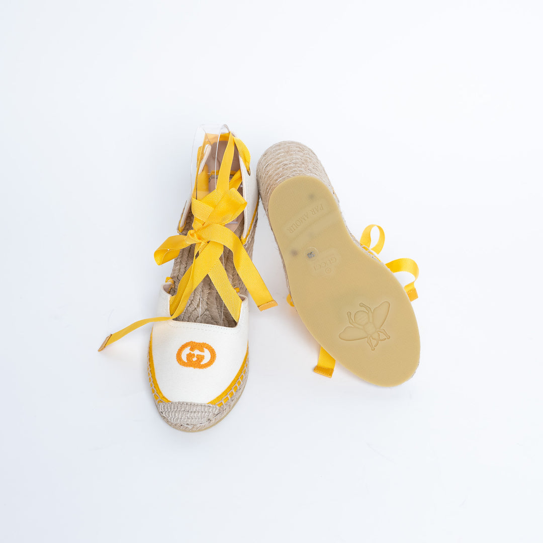Gucci Yellow and White Canvas Espadrille Wedges with Ties Size 38
