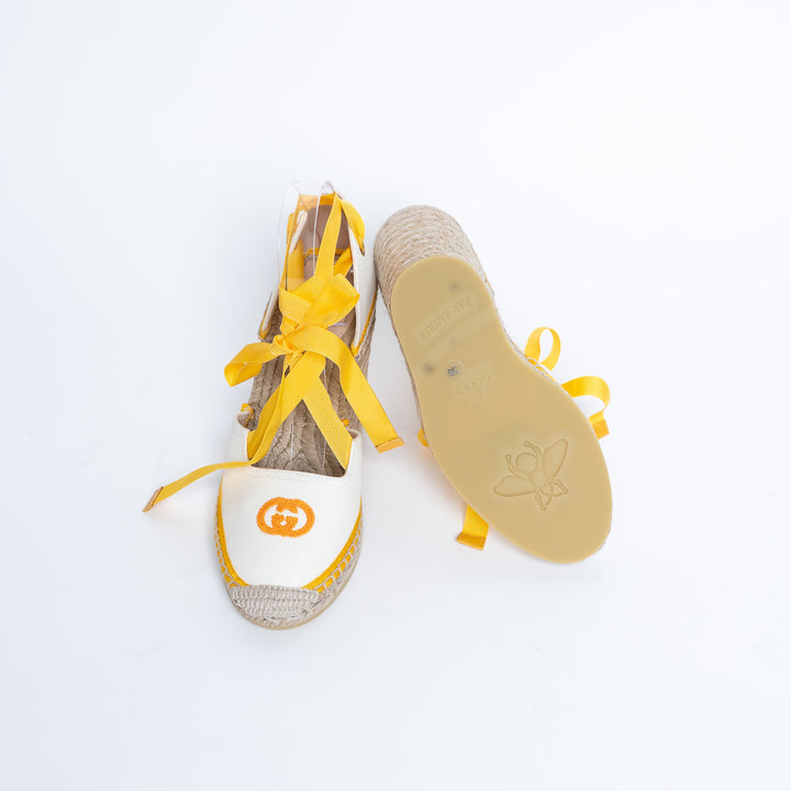 Gucci Yellow and White Canvas Espadrille Wedges with Ties Size 38