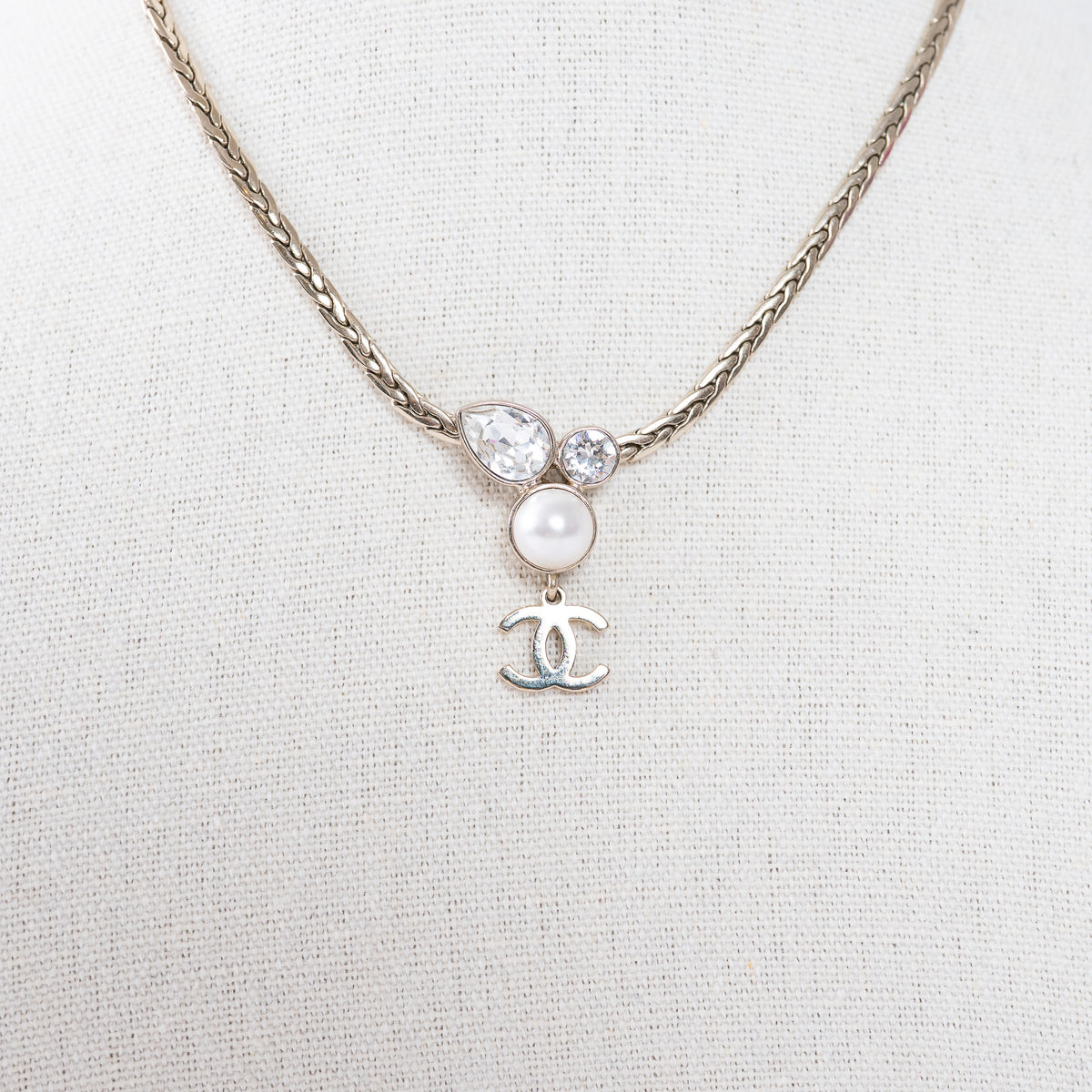 Pre-Loved Chanel™ Logo Drop Necklace with Pearl and Crystal Insets