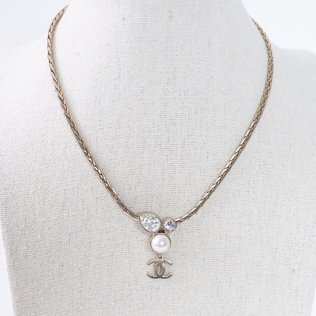 Pre-Loved Chanel™ Logo Drop Necklace with Pearl and Crystal Insets
