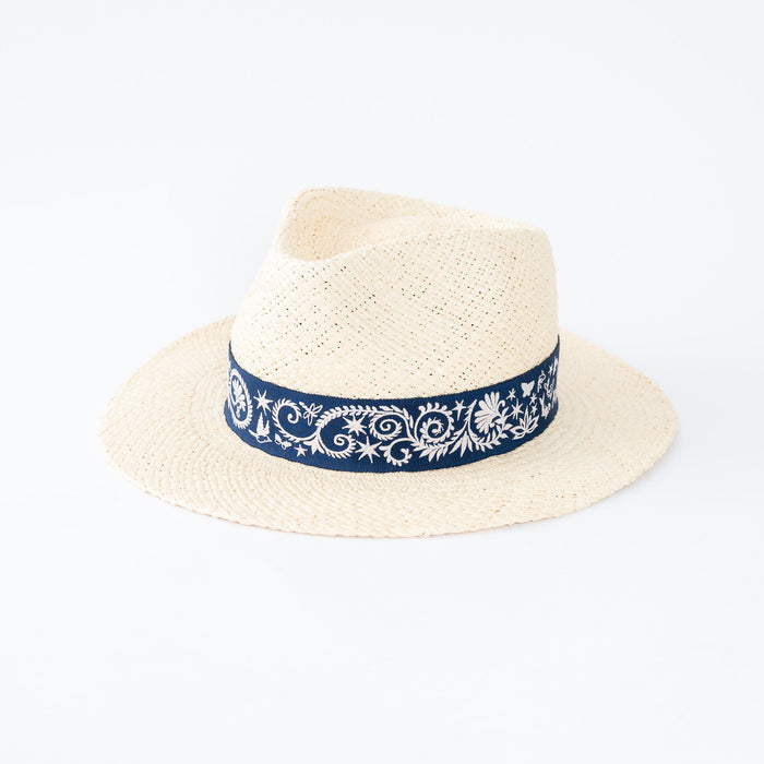 Hermes Woven Hat with Blue Paisley Band Size 58