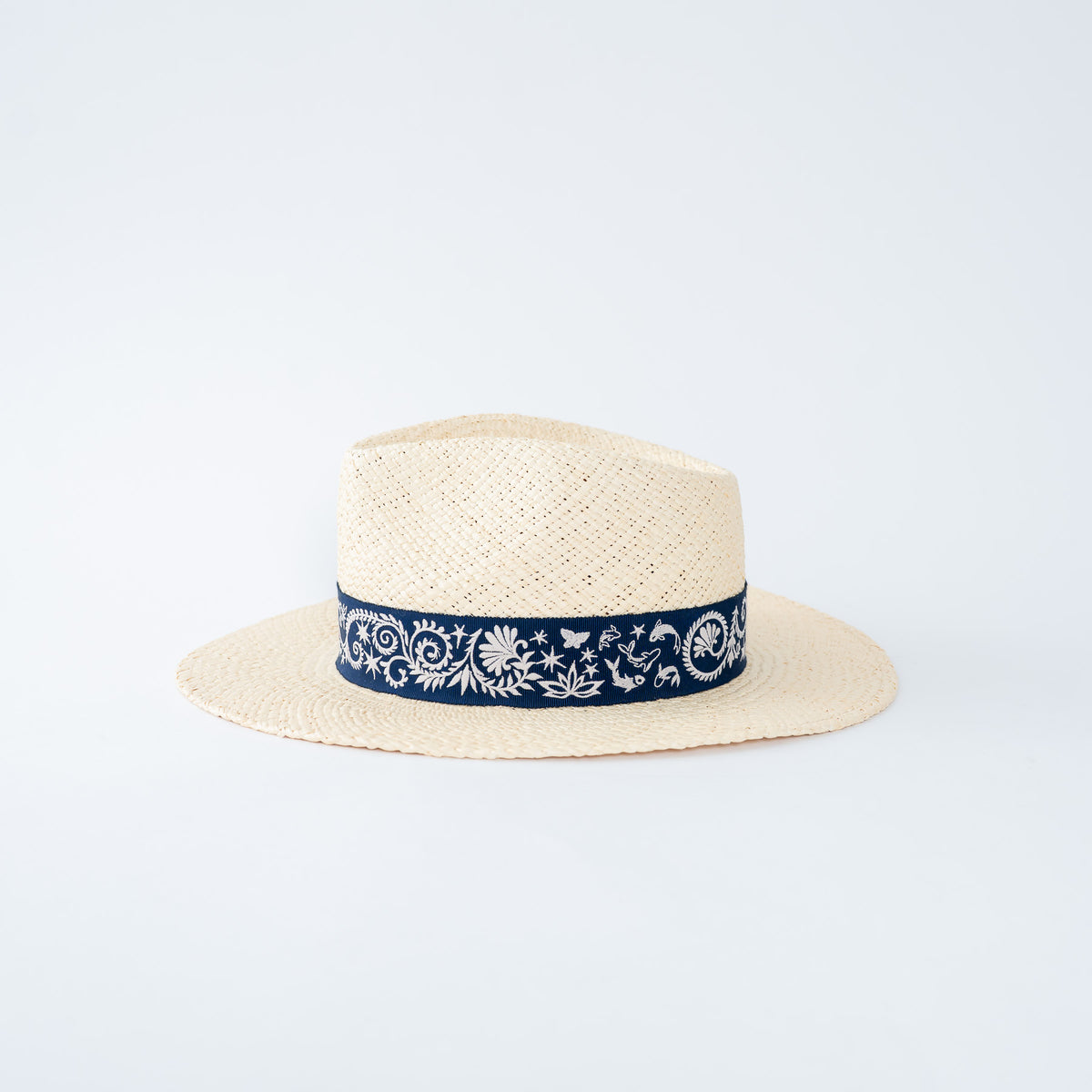 Hermes Woven Hat with Blue Paisley Band Size 58