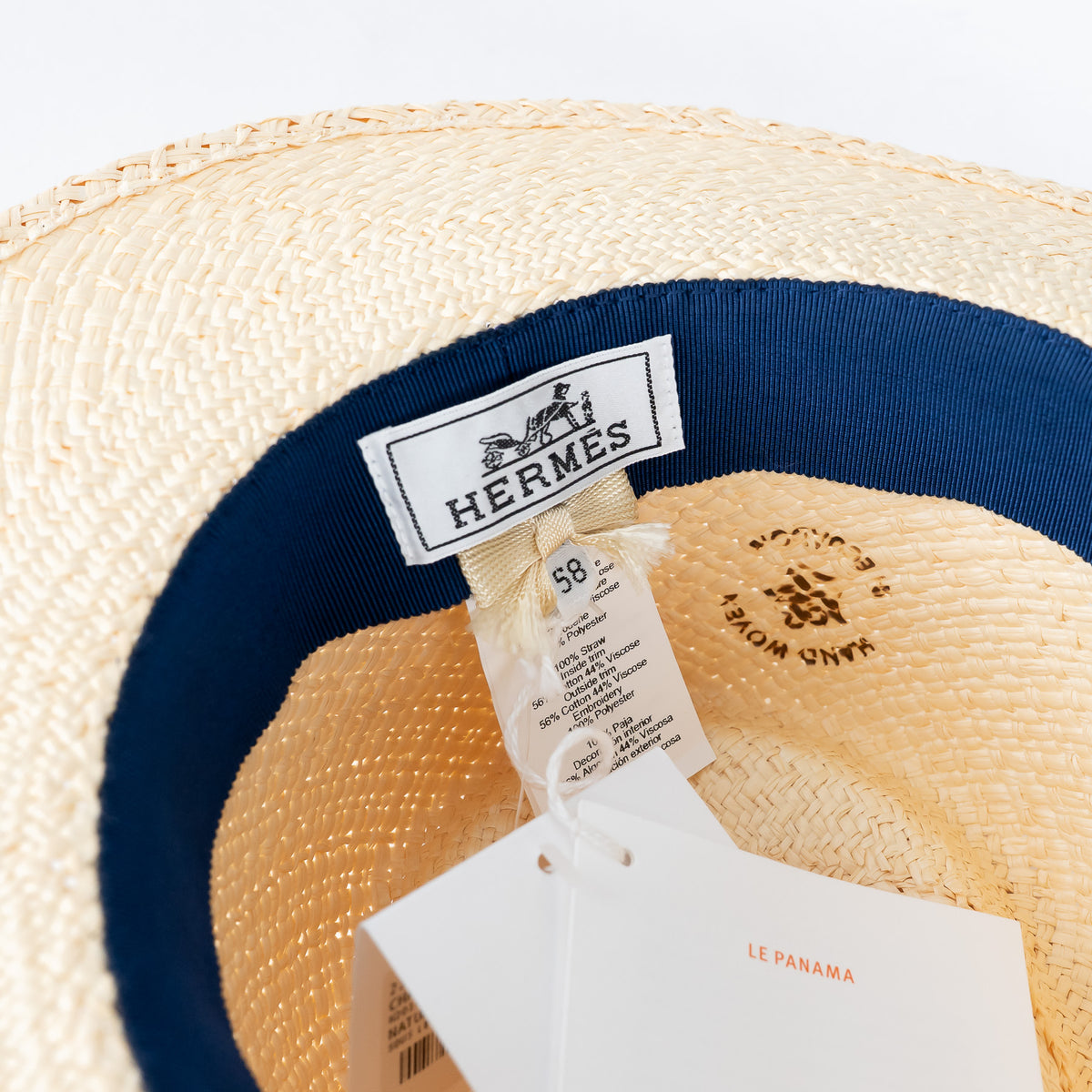 Hermes Woven Hat with Blue Paisley Band Size 58