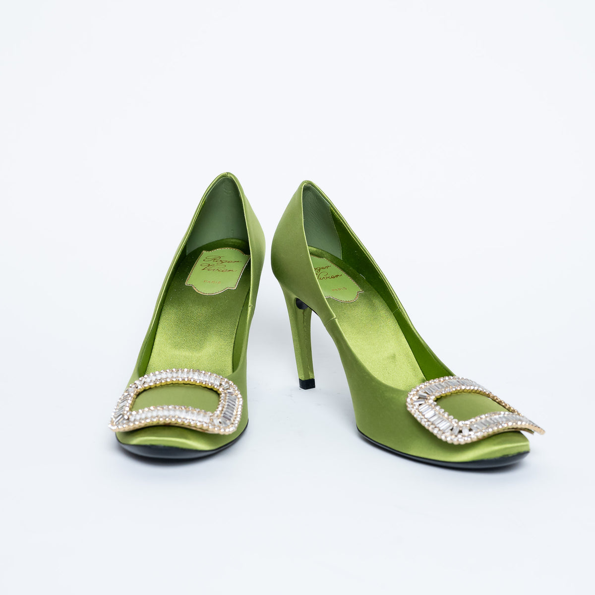 Roger Vivier Green Satin Heels with Crystal Embellishments Size 36.5
