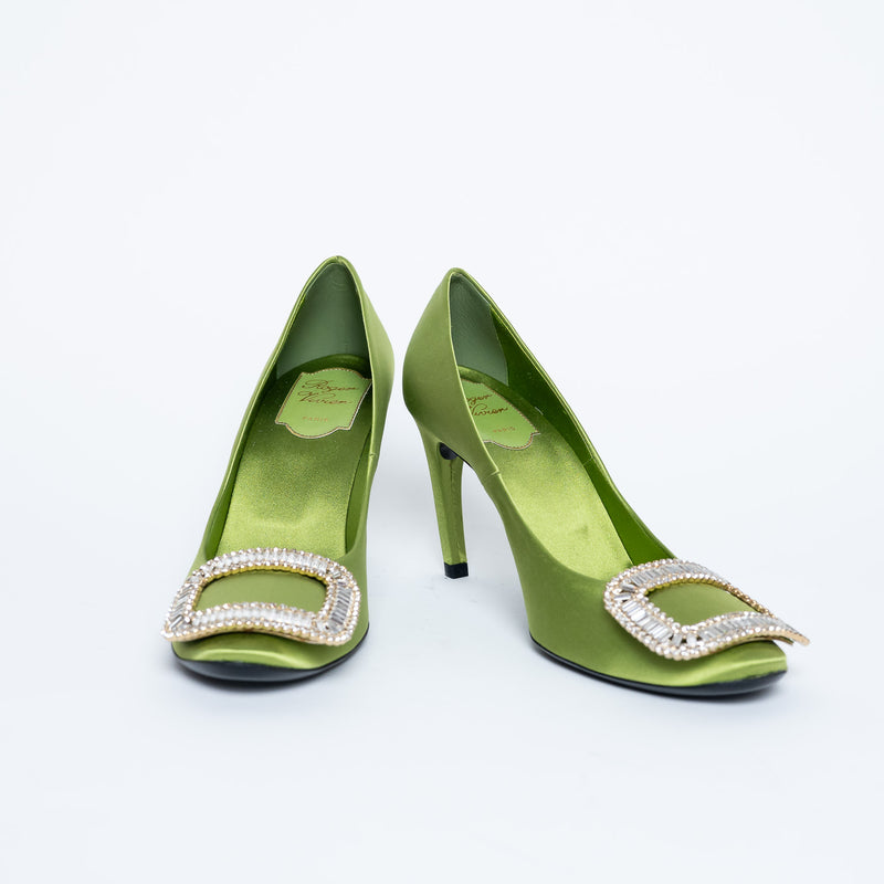 Roger Vivier Green Satin Heels with Crystal Embellishments Size 36.5