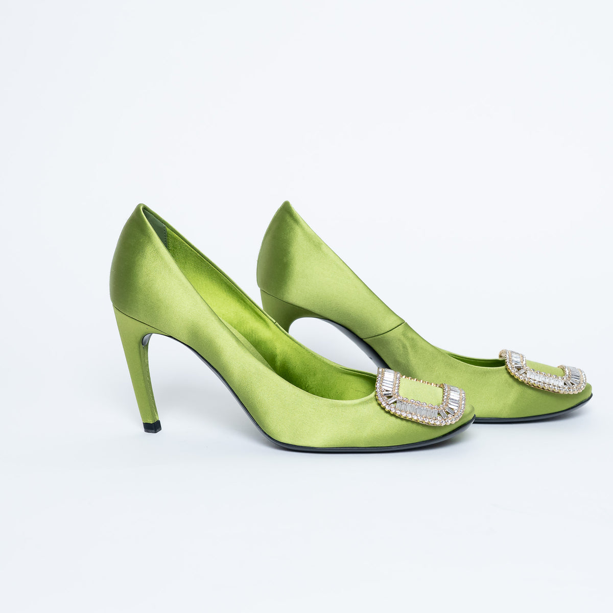 Roger Vivier Green Satin Heels with Crystal Embellishments Size 36.5