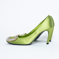 Roger Vivier Green Satin Heels with Crystal Embellishments Size 36.5
