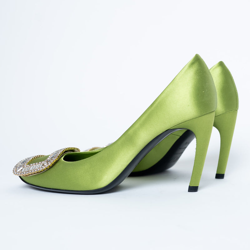 Roger Vivier Green Satin Heels with Crystal Embellishments Size 36.5